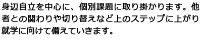 身辺自立を中心に、個別課題に取り掛かります。他者との関わりや切り替えなど上のステップに上がり就学に向けて備えていきます。